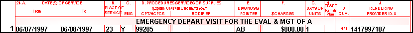 A part of the CMS-1500 with the description filled in from the database.