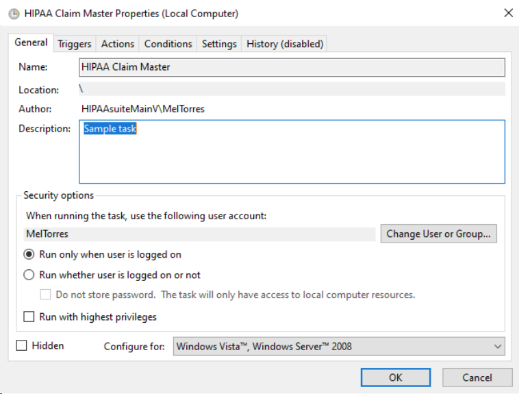 The "HIPAA Claim Master Properties (Local Computer)" window.