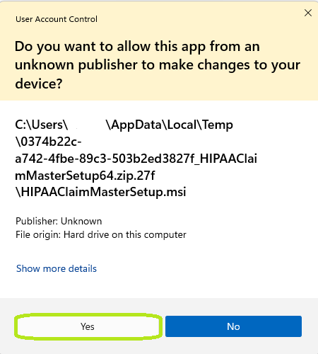 "Unknown Publisher" pop-up.