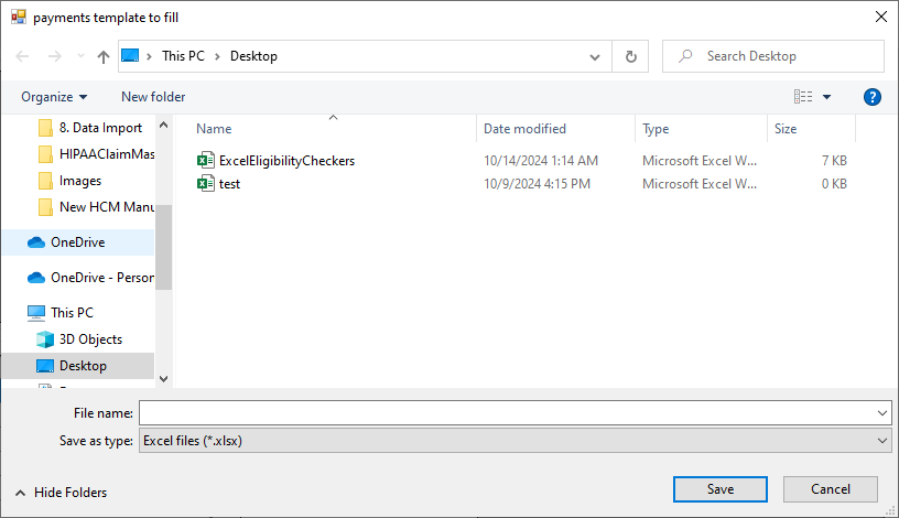 The �payments template to fill� window will allow you to select where you want to save your template.