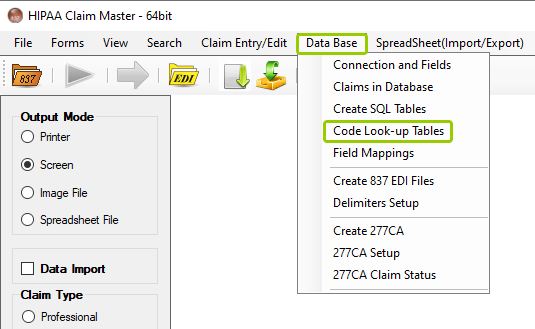 The "Code Look-up Table" option from the "Data Base" tab.