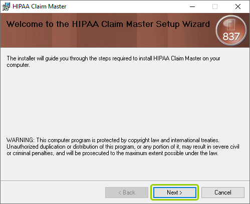 The "HIPAA Claim Master" window with the setup wizard.