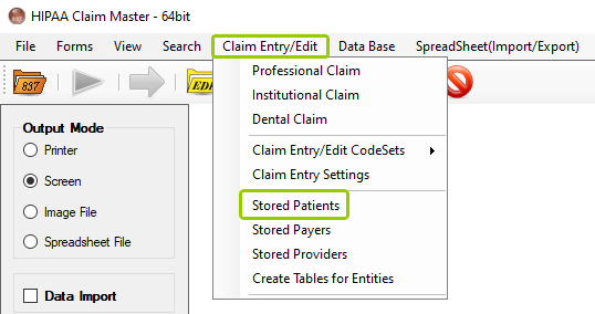 The "Stored Patients" option is under the "Claim Entry/Edit" tab.