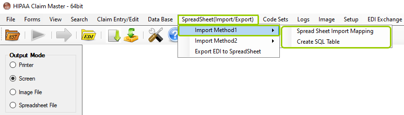 The "Import Method 1" option is under the "Spreadsheet (Import/Export)" tab.