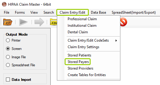 The "Stored Payers" option is under the "Claim Entry/Edit" tab.