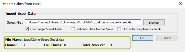 The "Import claims from excel" will show a status summary after an import operation.