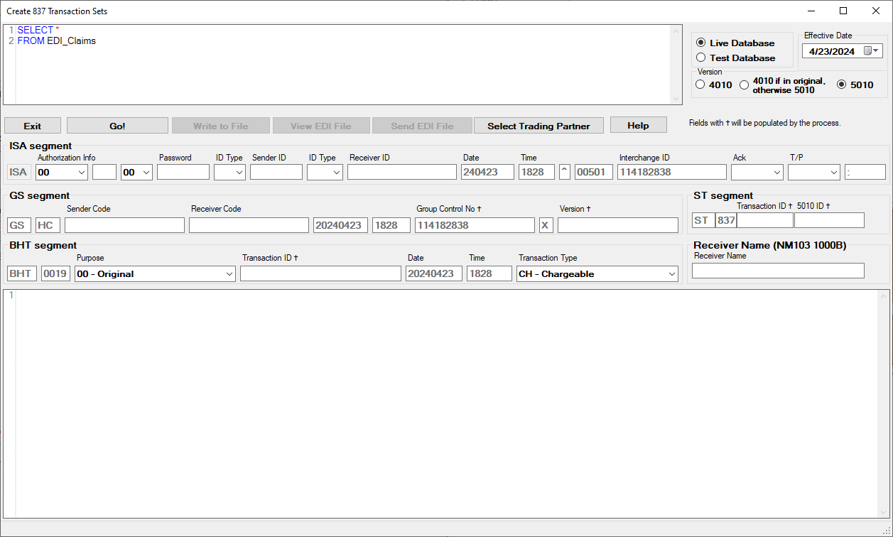 The "Create 837 Transaction Sets" window.