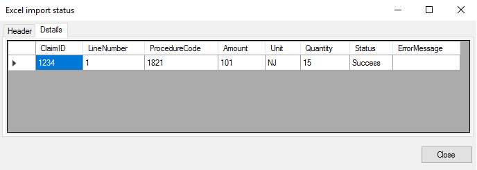The "Excel Import Status" window is displaying the "Details" tab.