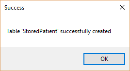 Pop-up window confirming table creation.