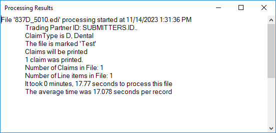 The "Processing Results" window.