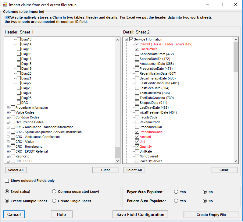 The "Import claims from excel or text file: setup" window.