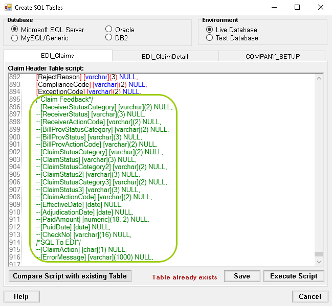 The feedback fields in the SQL scripts are under the "EDI_Claims" tab.