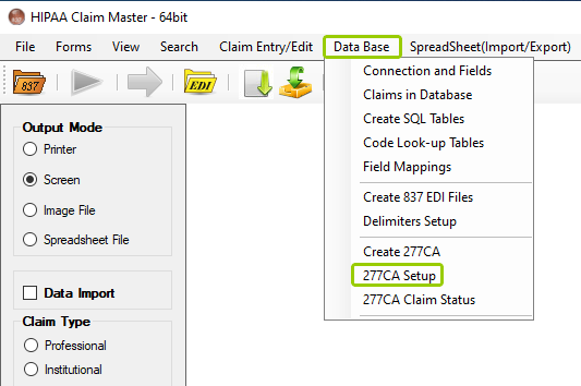 The "277CA Setup" option is under the "Data Base" tab.