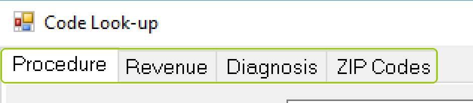 The tabs within the "Code Look-Up" window.