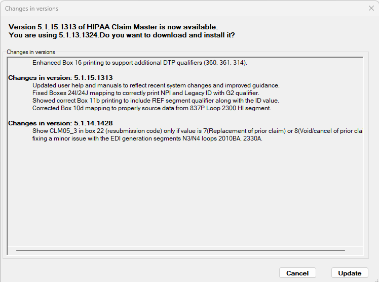 The "Changes in versions" window if there are updates available.