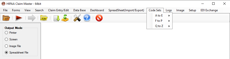 The different options under "Code Sets" in alphabetical order.