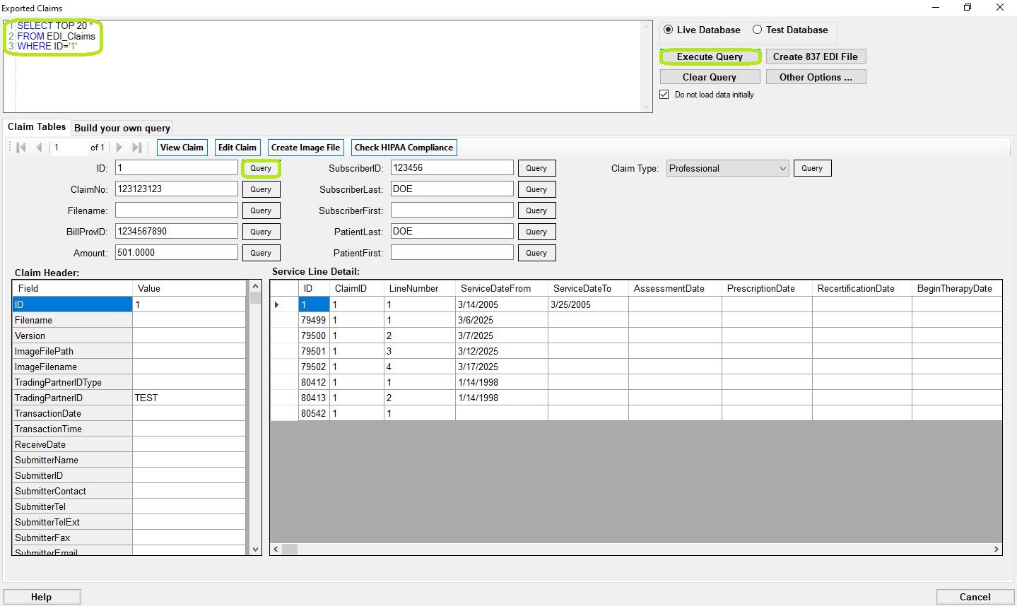 The "Claims in Database" window is showing a claim from the database.