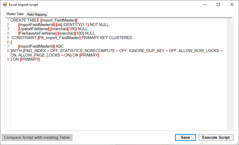 The "Excel Import Script" window.