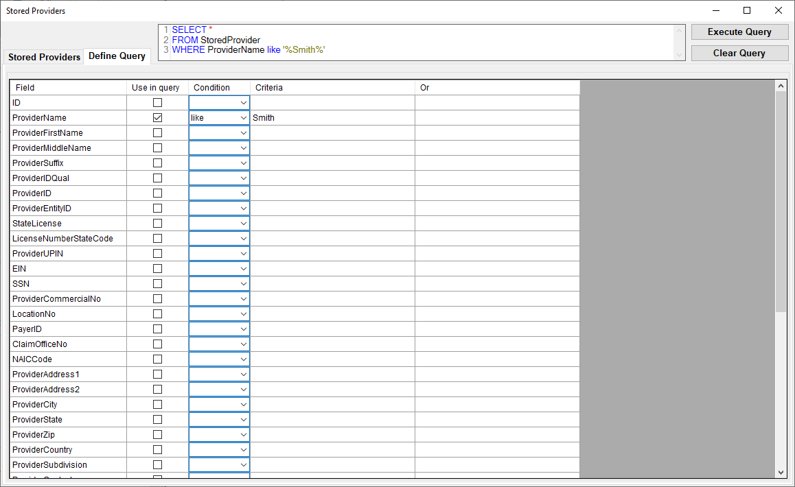Sample of a query for "Smith" in the "Define Query" tab.