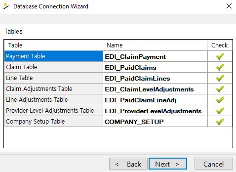 A green check mark means the table exists. A green check mark means the table exists.