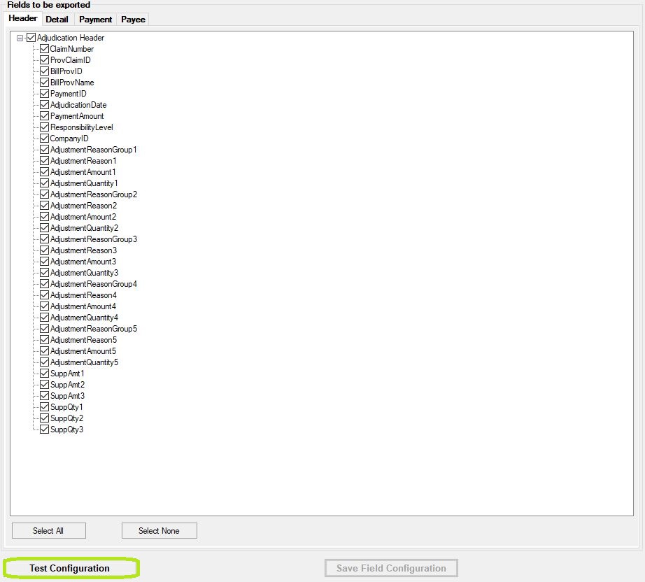 Detail of Adjustment Field Setup screen. Test configuration button is highlighted. Detail of Adjustment Field Setup screen. Test configuration button is highlighted.