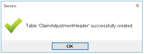 Table creation success message. Table creation success message.