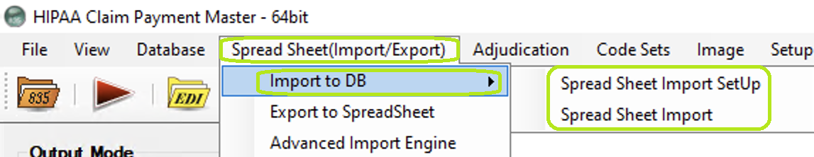 The "Import" option is under the "Spreadsheet (Import/Export)" tab. The "Import" option is under the "Spreadsheet (Import/Export)" tab.