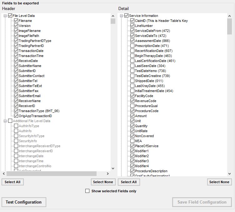 Detail of field configuration screen in HIPAA Claim Payment Master. The gray Claim Acknowledgment fields are displayed.