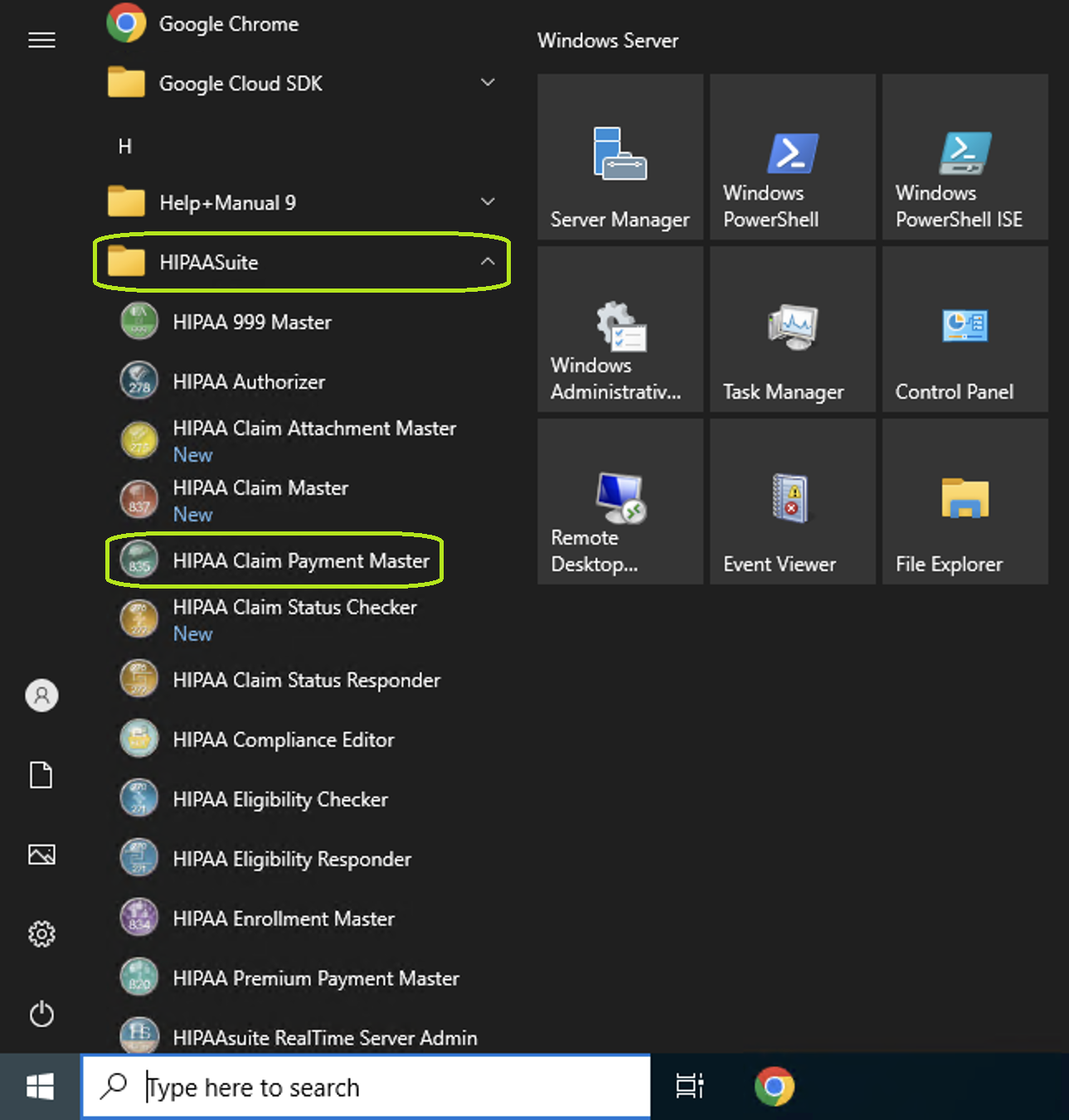The HIPAA Claim Payment Master application is launched from the "Start" menu. The HIPAA Claim Payment Master application is launched from the "Start" menu.