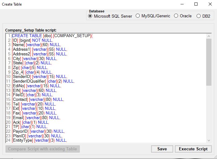 The "Create Table" window. The "Create Table" window.