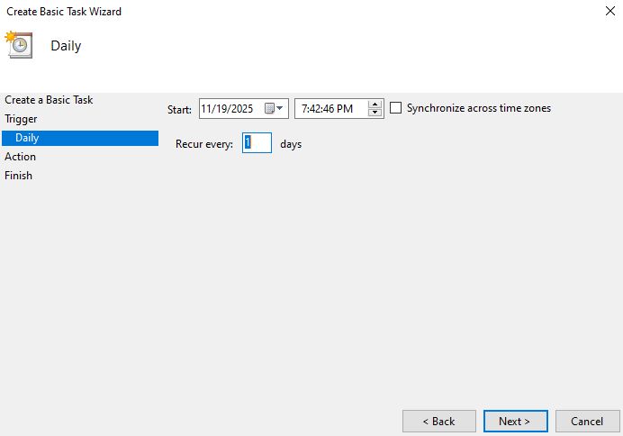 Determine a starting date, the time of day you want it to run, and how often you want this task to be completed.