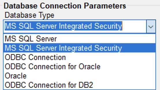 The drop-down menu of database types.
