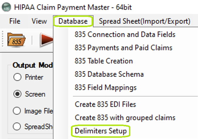 The "Database" menu and "Delimiters Setup" button.