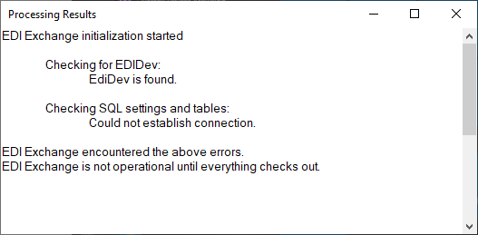 Sample "Processing Results" window if initialization does not work due to a failed connection.