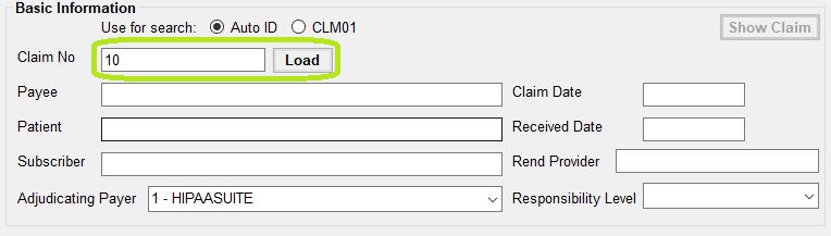 Detail of Claim Adjudication screen. Claim Number field and Load button are highlighted.