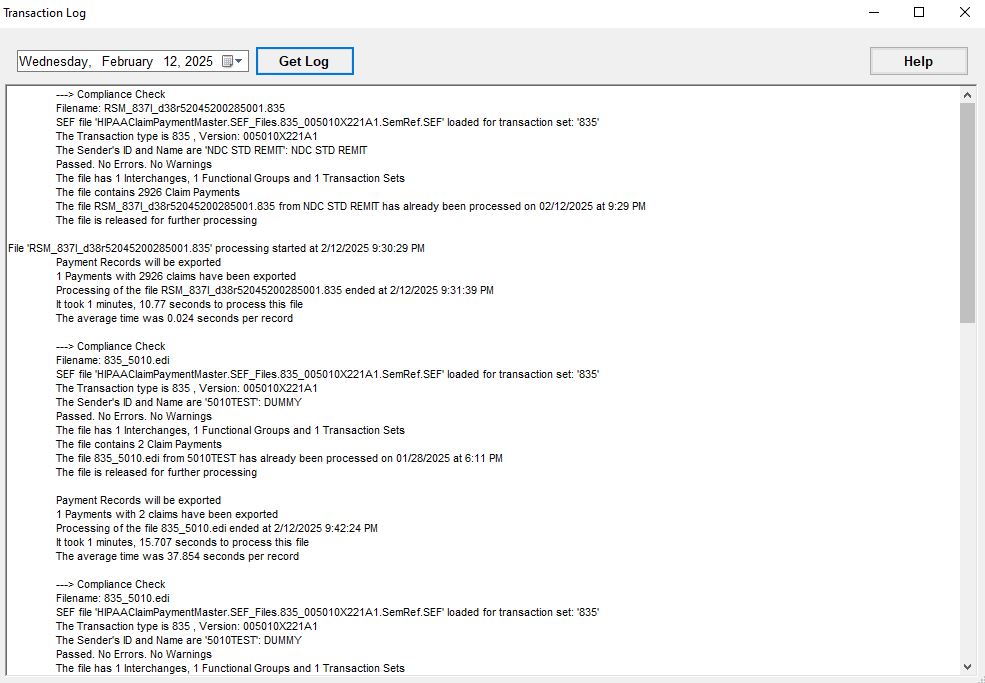 The "Transaction Log" window with results. The "Transaction Log" window with results.
