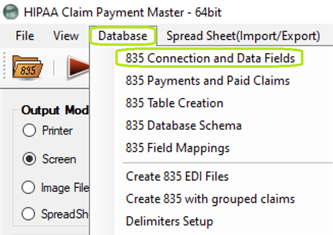 "835 Connection and Data Fields" option. "835 Connection and Data Fields" option.