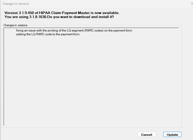 The "Changes in versions" window if there are updates available. The "Changes in versions" window if there are updates available.