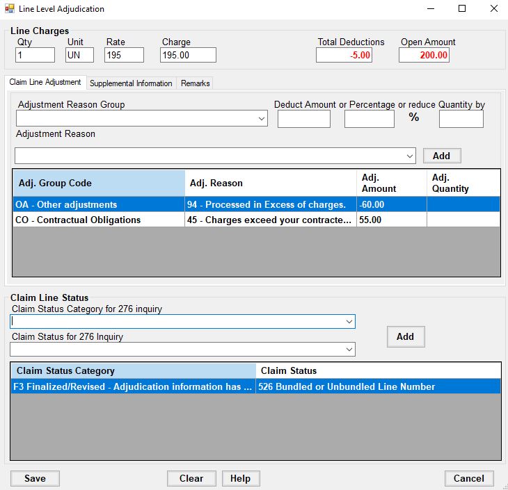 Line Adjustments screen editing a bundled line. Note the negative adjustment grouping all the bundled lines into one payment.