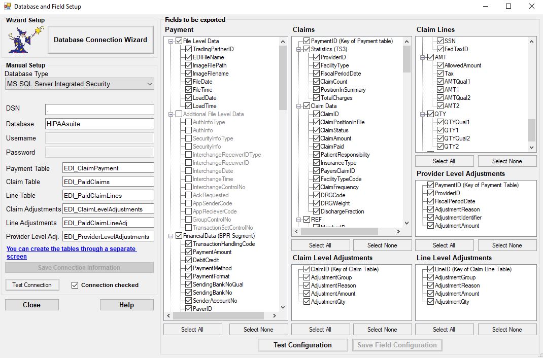 The "Database Server Setup for OLE/ODBC Connection" window. The "Database Server Setup for OLE/ODBC Connection" window.