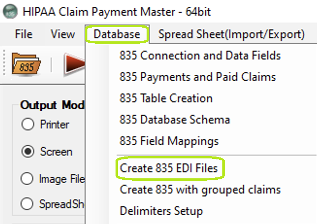 The "Create 835 EDI Files" optionis under the "Database" tab.