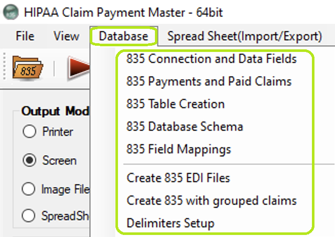 The "Database" tab and options in the main window. The "Database" tab and options in the main window.