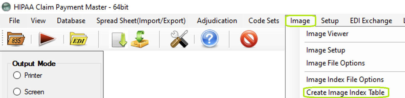 The "Create Image Index Table" option is on the main menu window.