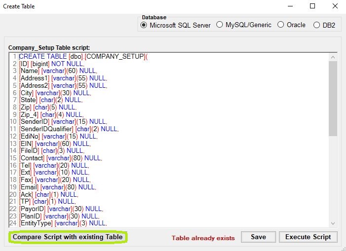 "Company setup table screen - Compare Script with existing Table." "Company setup table screen - Compare Script with existing Table."