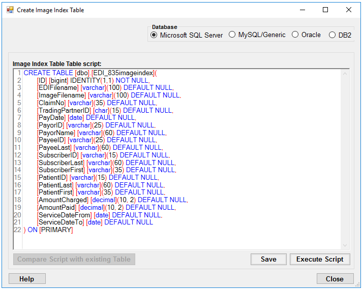 The "Create Image Index Table" window.