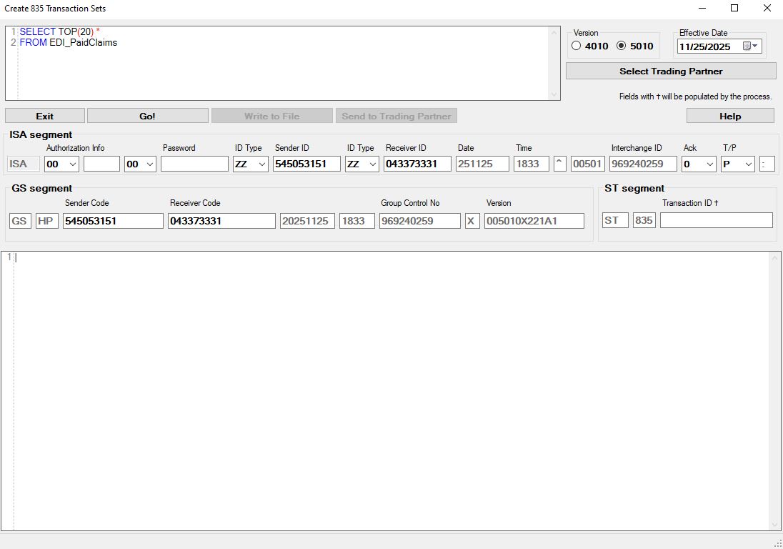 The "Create 835 Transaction Sets" window.