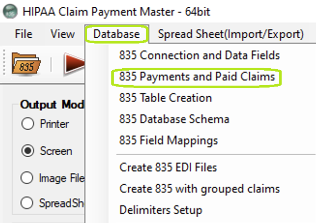 The "835 Payments and Paid Claims" option is under the "Database" tab.