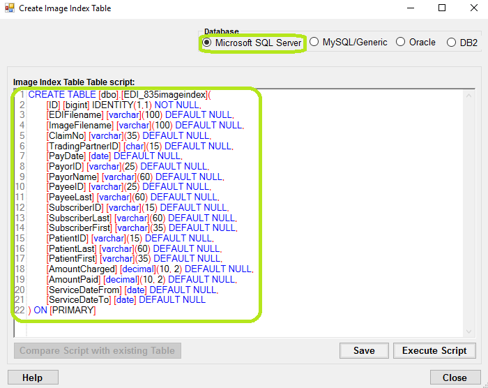 The "Create Image Index Table" window with the "Microsoft SQL Server" script displayed.