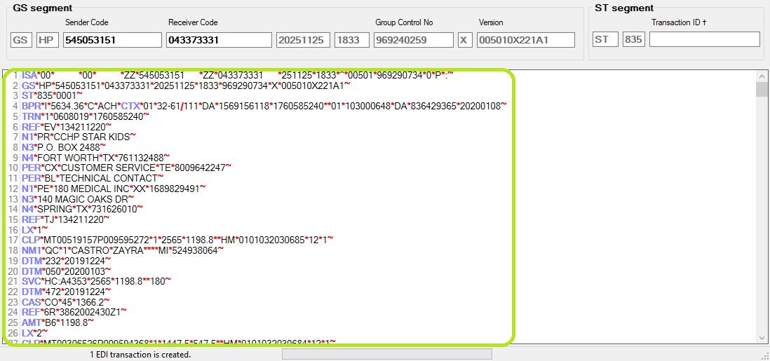 The EDI file content displayed.