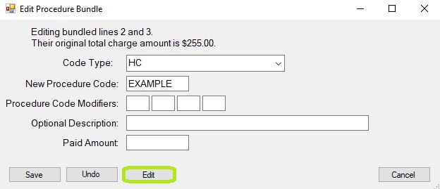Procedure bundle edit screen. Clicking the edit button leads to the line adjustments screen.